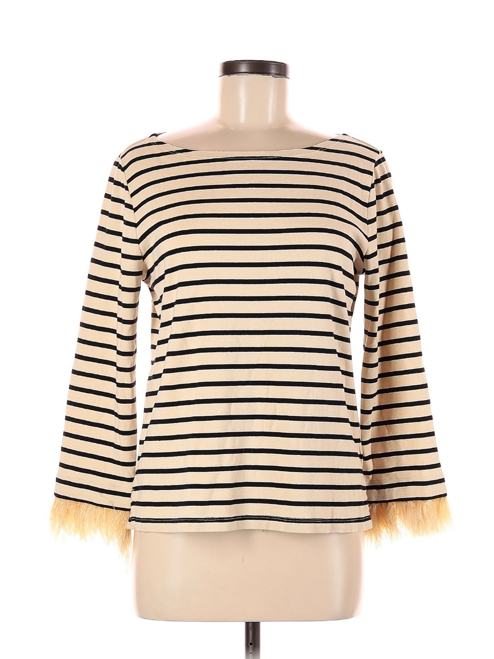 J. Crew Cream and Black Striped Long Sleeve Top with Feather Cuffs